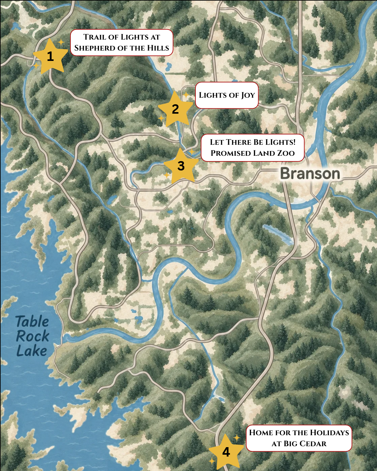 Map of four drive-through Christmas light displays in Branson, Missouri: Shepherd of the Hills Trail of Lights, Lights of Joy, Promised Land Zoo, and Big Cedar Lodge.